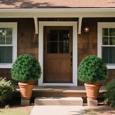 Lucktree 28 Inches Artificial Boxwood Topiary Ball Tree Set Sun-Protective Fake Shrub Plants