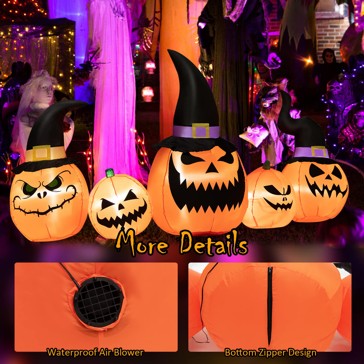 Lucktree 8 Ft Halloween Inflatable Pumpkin Family, Waterproof Halloween Yard Decoration with Built-in LED Lights, Sandbag