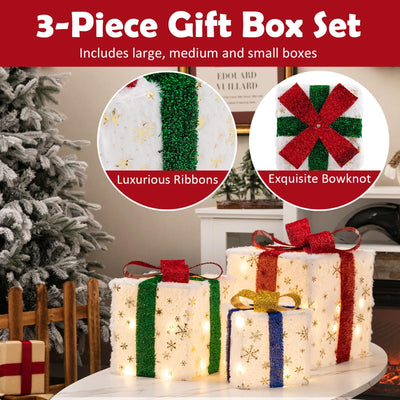 Lucktree Set of 3 Christmas Lighted Gift Boxes, Pre-lit Christmas Decoration with 48 Bright Warm Lights