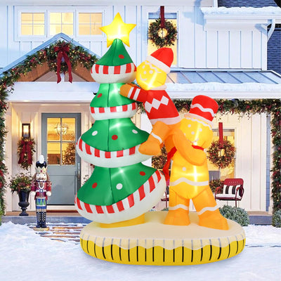 Lucktree 7 FT Lighted Christmas Inflatable Gingerbread Men Climbing Christmas Tree with LED Lights & Built-in Fan