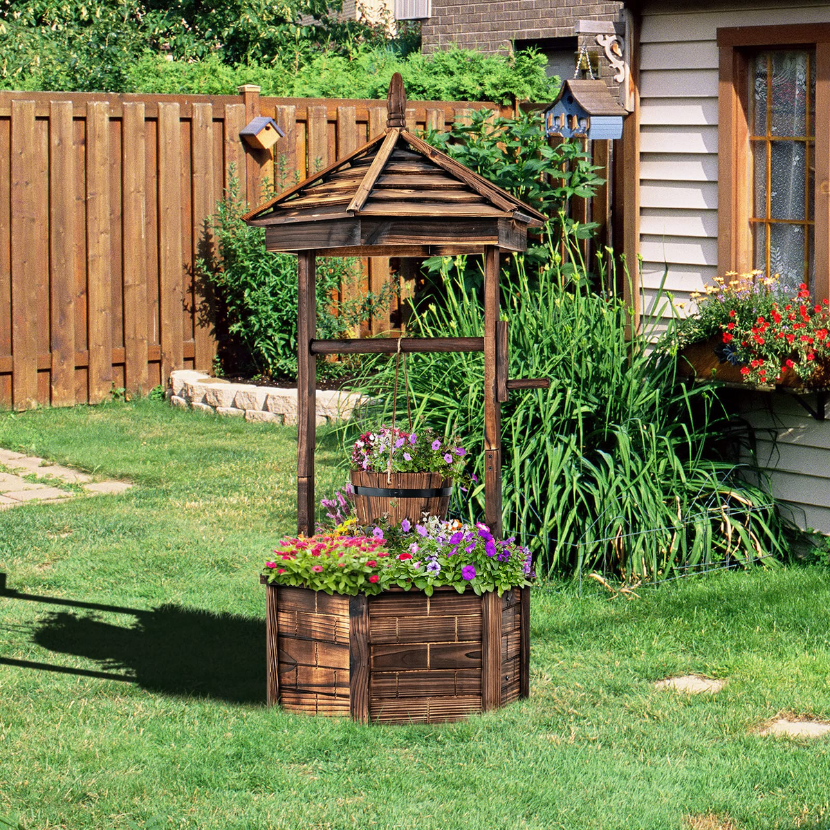 Lucktree Rustic Wooden Wishing Well Planter with Hanging Bucket, Roof Shadow