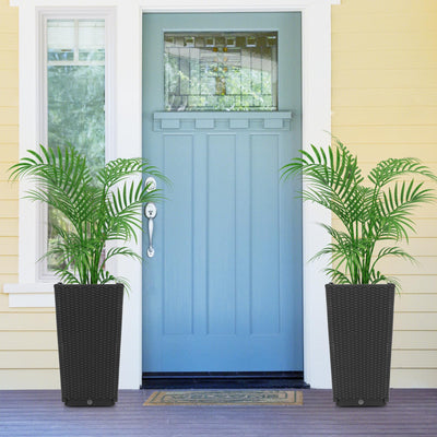 Lucktree Outdoor Wicker Flower Pot Set of 2, 22.5” Tall Planters with Drainage Hole, Self-Watering Tray