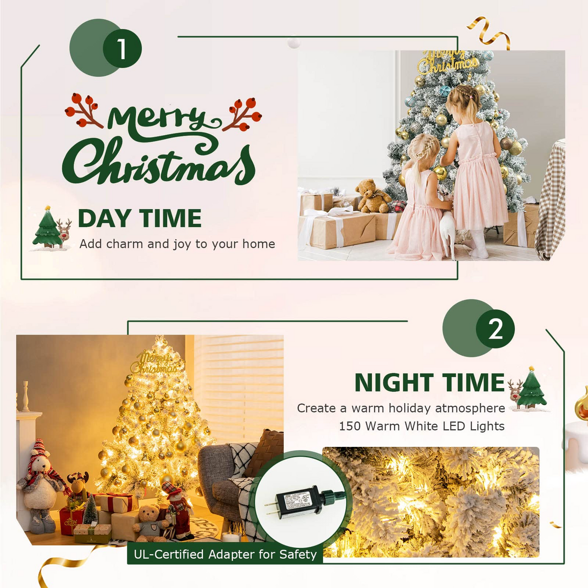 Lucktree 4.5 FT Pre-Lit Snow Flocked Christmas Tree, Artificial Hinged Xmas Tree W/ 150 LED Lights - LucktreeUS