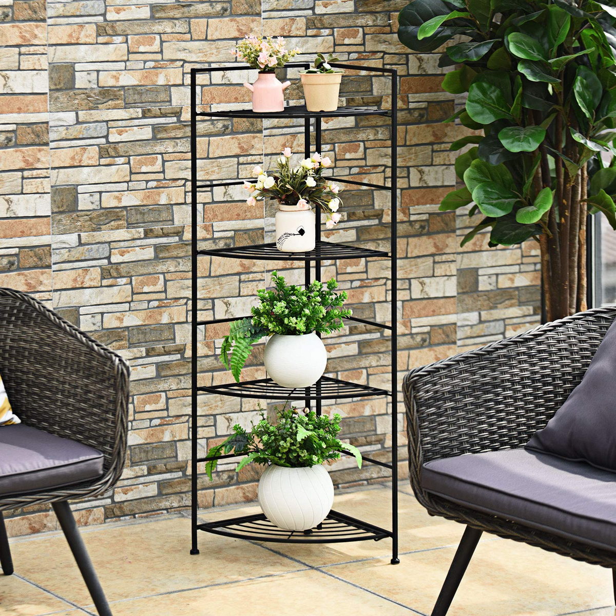 Lucktree Folding Metal Plant Rack, 4 Tiers Corner Shelf Plant Stand