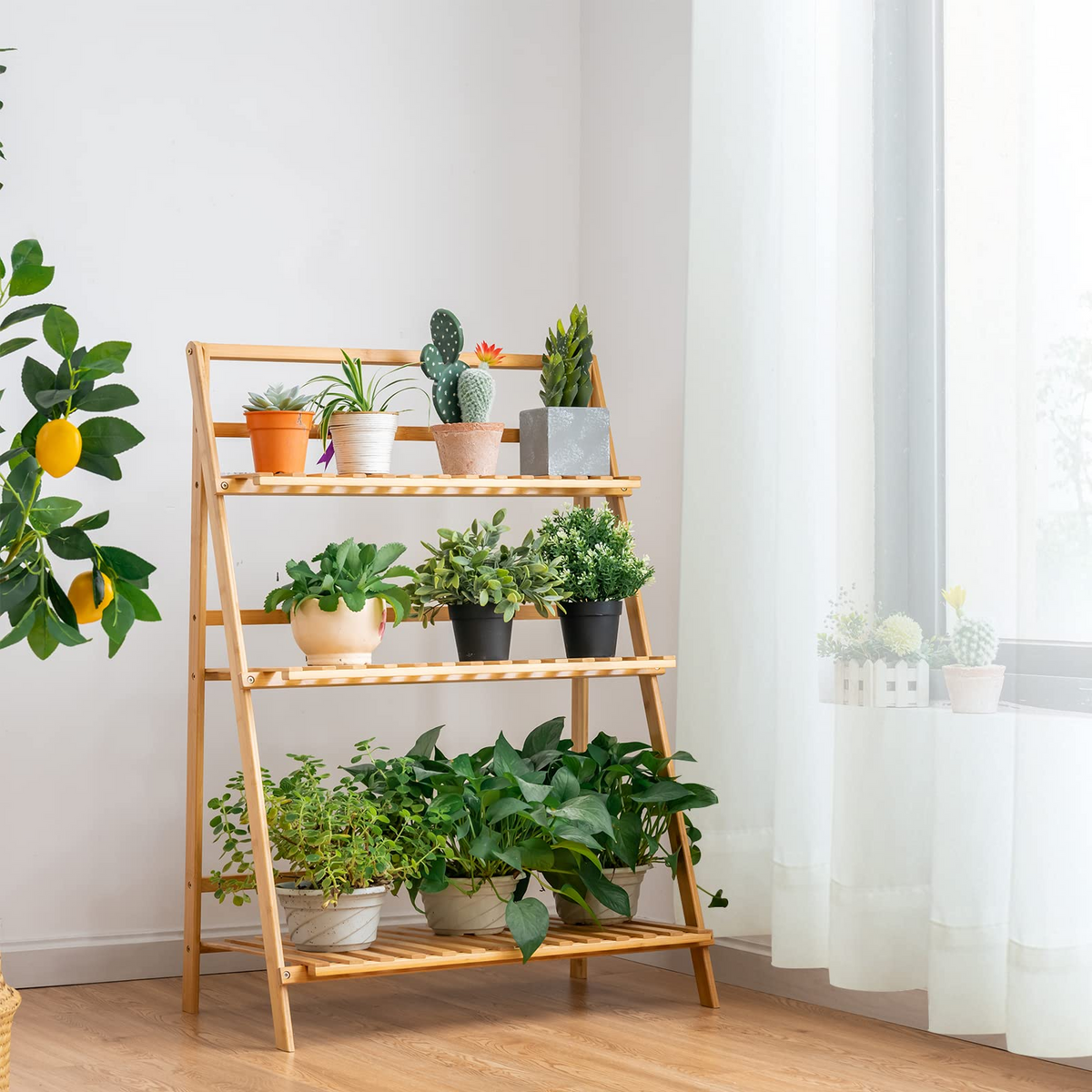 Lucktree 3 Tier Folding Storage Shelf, Bamboo Ladder Plant Stand
