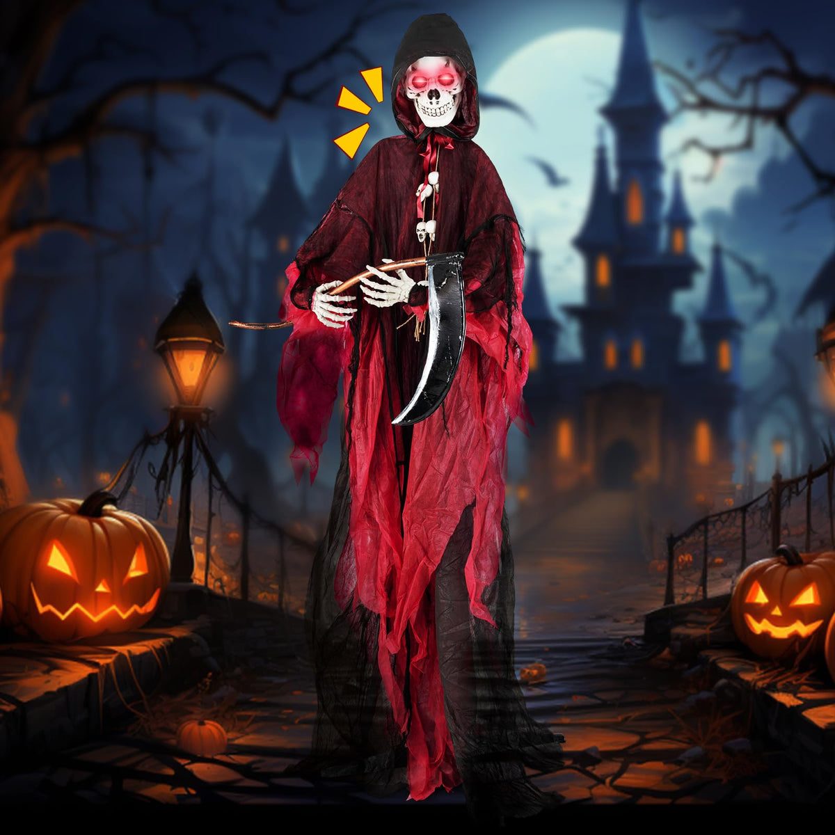 Lucktree 8 Ft Halloween Animatronics, Sound & Touch Activated Grim Reaper with Sickle, Glowing LED Eyes & Scary Voices