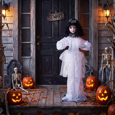 Lucktree 4 FT Animated Halloween Doll Girl with Shaking Head & Posable Arms