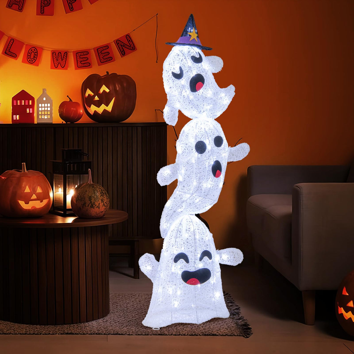 Lucktree 4 Ft Halloween Decorations Outdoor Stacked Ghosts, Free-Standing Cute Yard Decorations