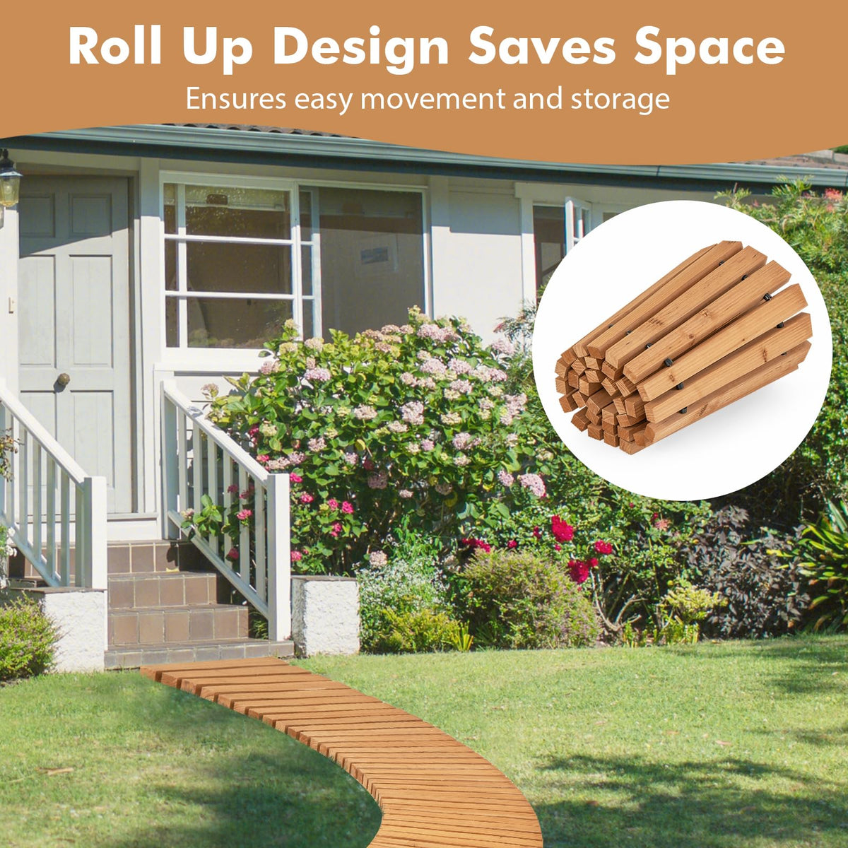 Lucktree Garden Pathway Roll Up - 7ft Curved Wood Walkway 17 inch Width