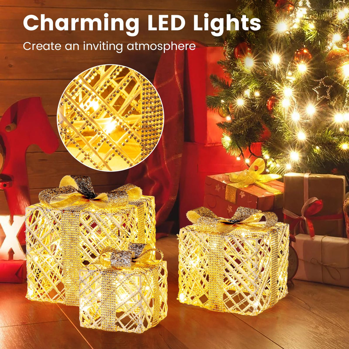Lucktree Set of 3 Christmas Lighted Gift Boxes, 90 LED Light up Present Boxes with Bows