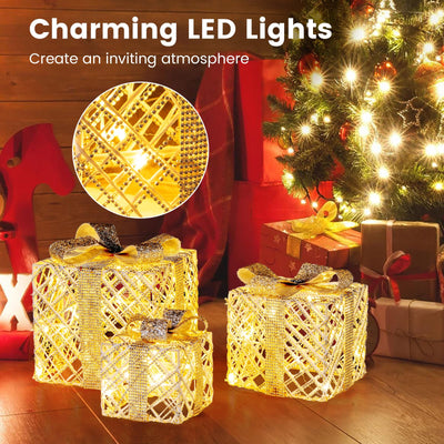 Lucktree Set of 3 Christmas Lighted Gift Boxes, 90 LED Light up Present Boxes with Bows