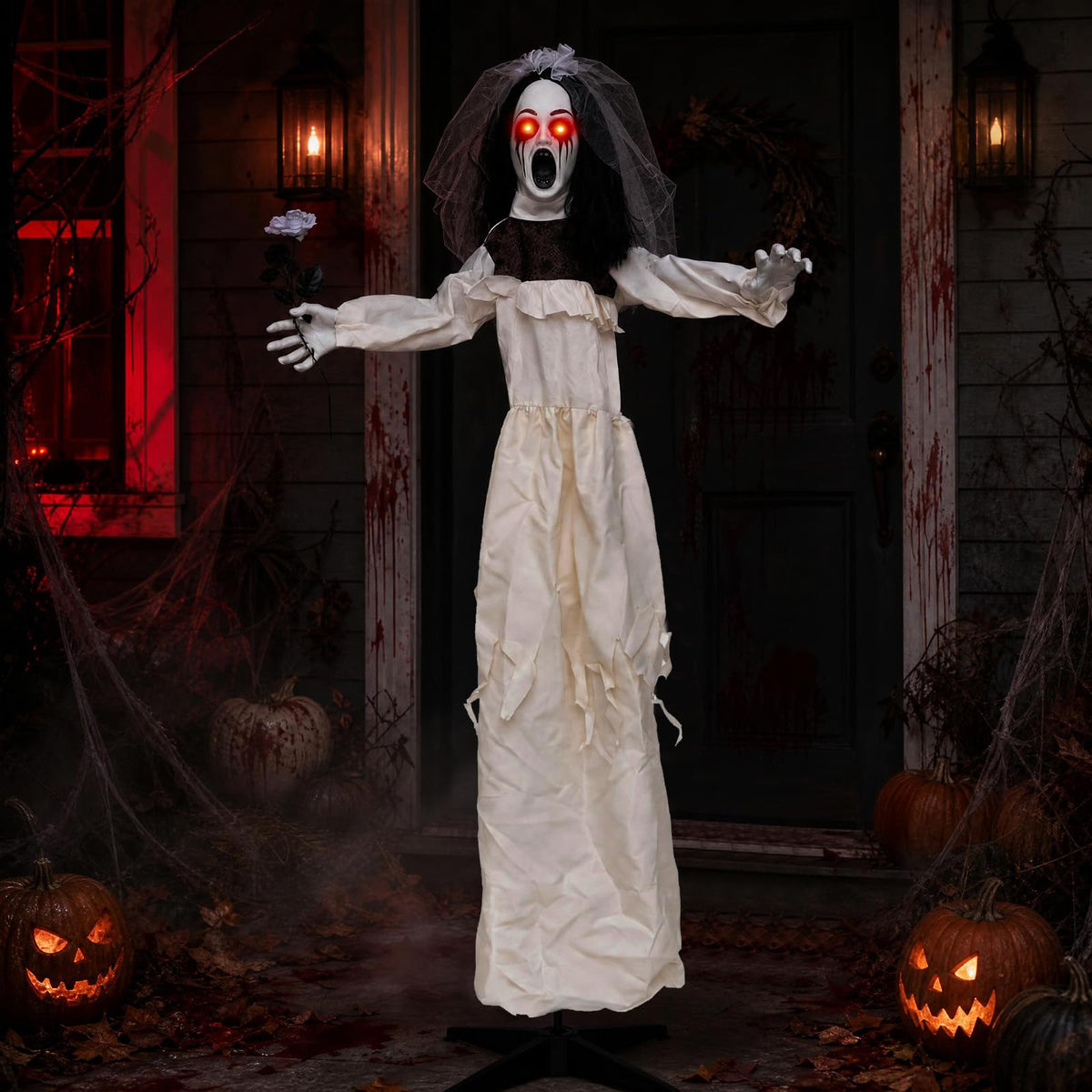 Lucktree 5.7 FT Halloween Standing Animatronics Ghost Bride with Flower