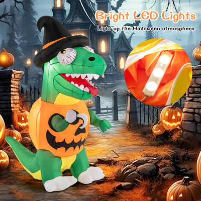 Lucktree 6 FT Inflatable Pumpkin Dinosaur, Blow up Yard Decoration with Built-in LED Lights & Witch Hat