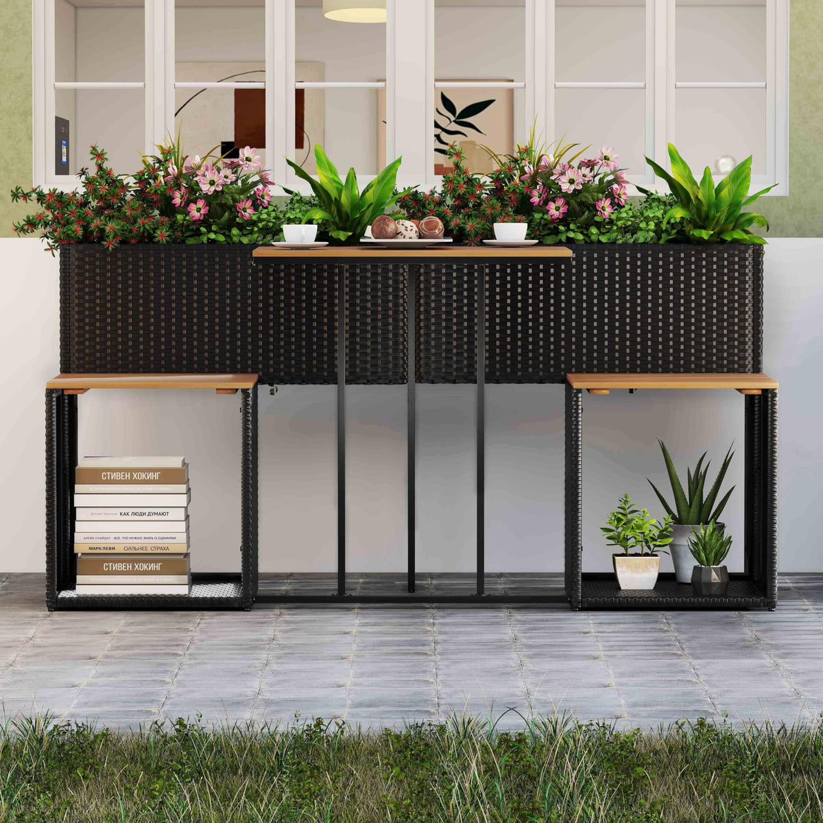 Lucktree PE Rattan Garden Planter Table with Built-in Chairs and Storage Space