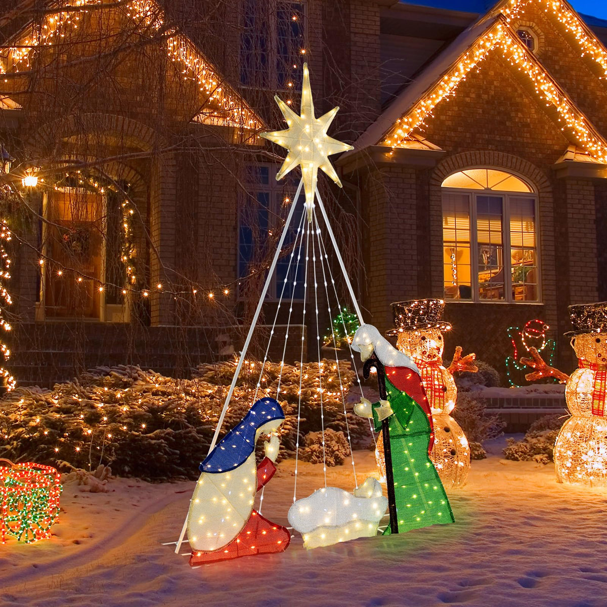 Lucktree 6 FT Lighted Nativity Scene, Holy Family Set Christmas Decoration with 240 LED Lights