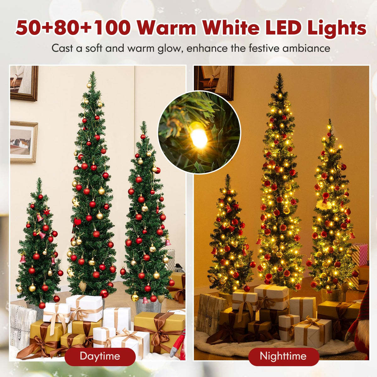 Lucktree 3' 4' 5' Pre-Lit Artificial Christmas Tree Set of 3, Slim Pencil Potted Xmas Tree with 423 Branch Tips, 230 Warm White LED Lights