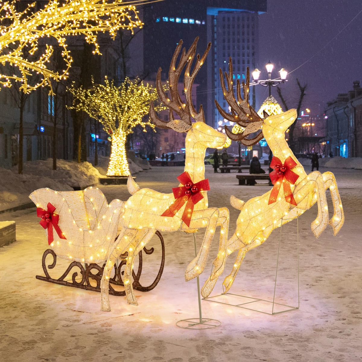 Lucktree 3-Piece Christmas Lighted Reindeer & Sleigh Set