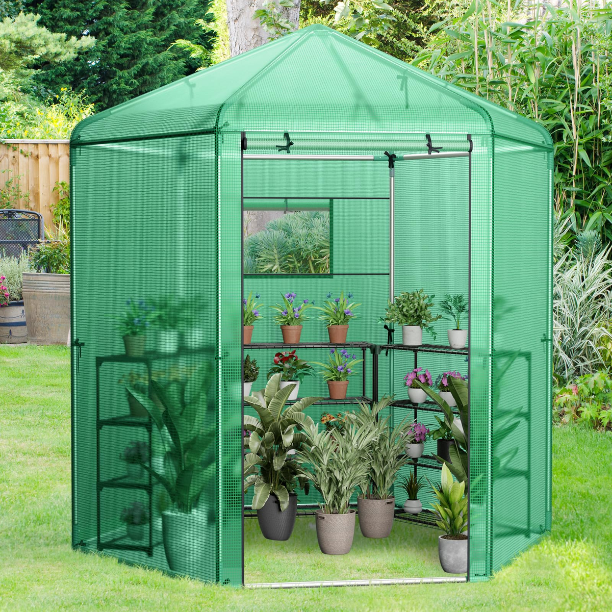 Lucktree 7 x 6 x 7.5 FT Greenhouse, Large Hexagonal Walk in Greenhouse Outdoor with Heavy-Duty Metal Frame