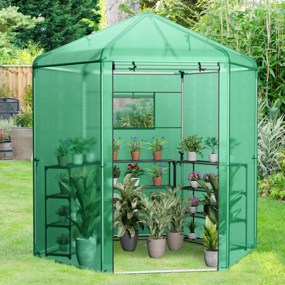 Lucktree 7 x 6 x 7.5 FT Greenhouse, Large Hexagonal Walk in Greenhouse Outdoor with Heavy-Duty Metal Frame