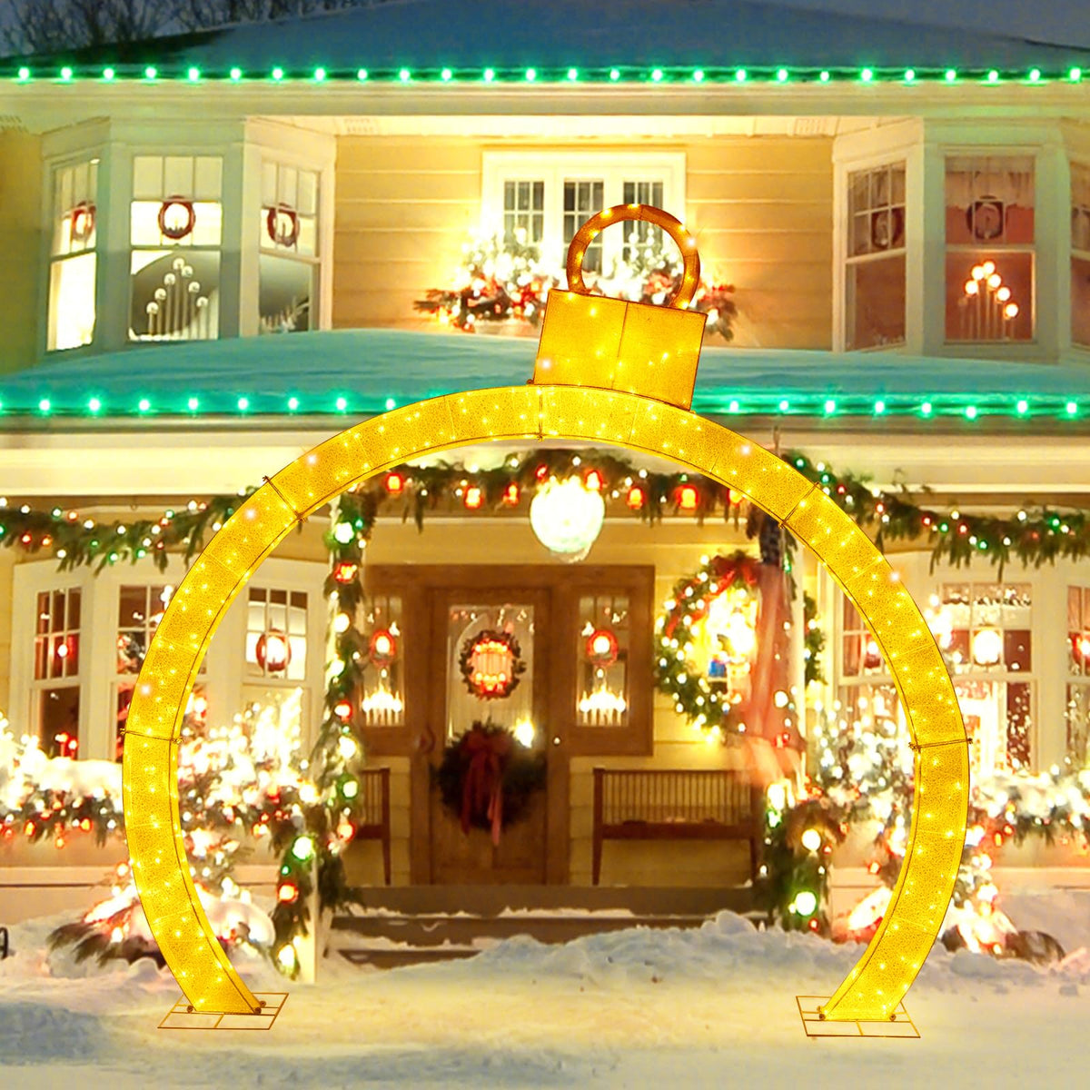 Lucktree 10.5 FT Outdoor Christmas Lighted Archway with Gold Ornament Cap