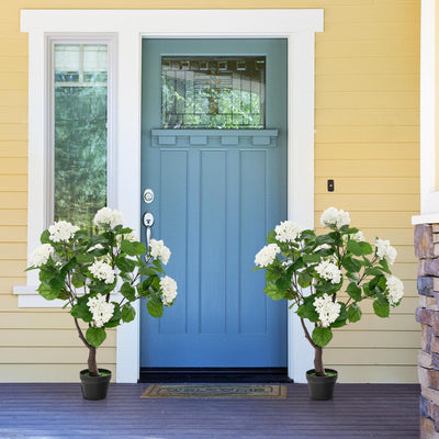 Lucktree Artificial Hydrangea Tree, 2 Pack Fake Floral Plant w/11 White Flowers & Realistic Trunk in Plastic Nursery Pot