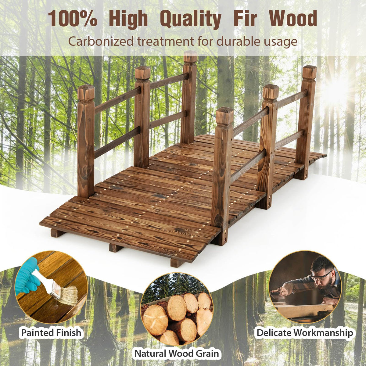 Lucktree 5 ft Garden Bridge - Stained Wood Arc Footbridge Walkway