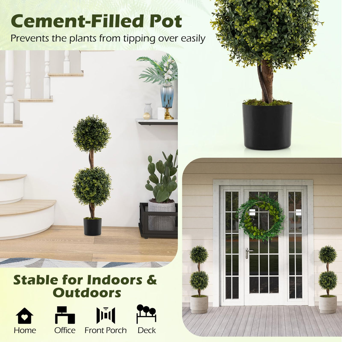 Lucktree 3 FT Artificial Boxwood Topiary Trees Set of 2 Faux Outdoor Topiary Ball Tree with Cement-Filled Pot
