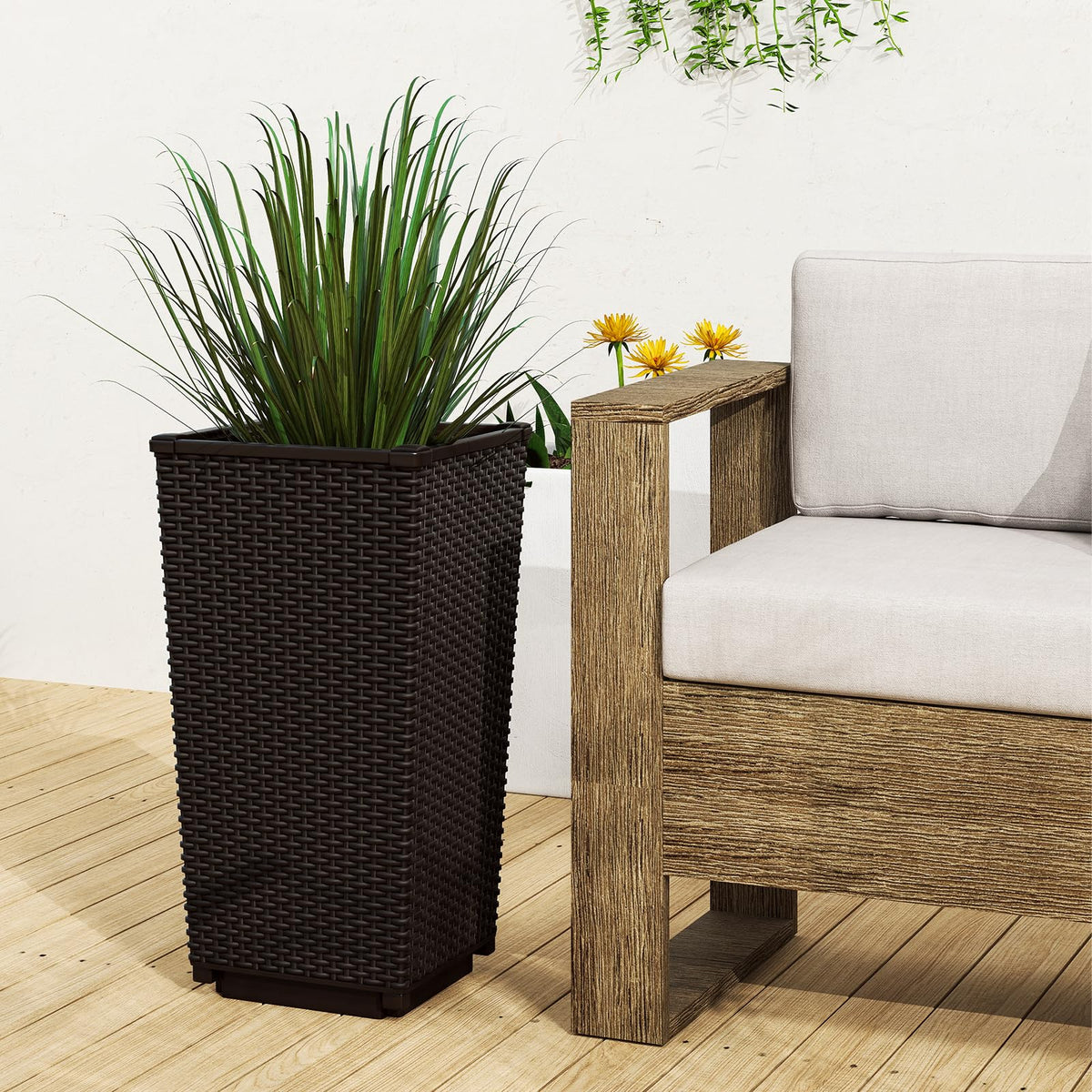 Lucktree Set of 2 Outdoor Wicker Flower Pot, 23 Inch Tall Planters with Drainage Hole, Self-Watering Tray