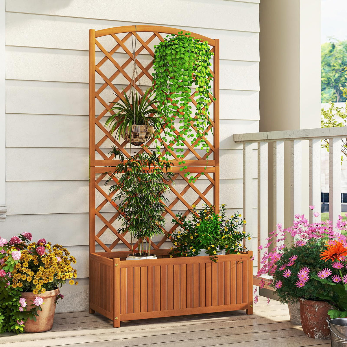 Lucktree Solid Acacia Wood Planter Box with Trellis 63" Raised Garden Bed with Trellis