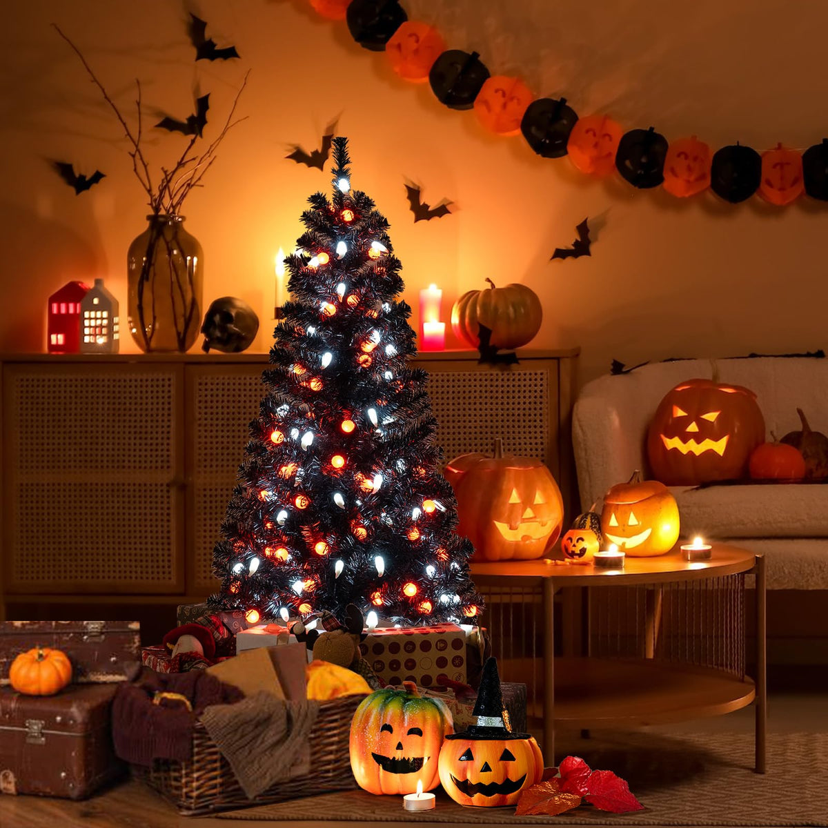 Lucktree 4.5 FT Pre-Lit Halloween Tree with 6 Lighting Modes with Spooky Music Sync
