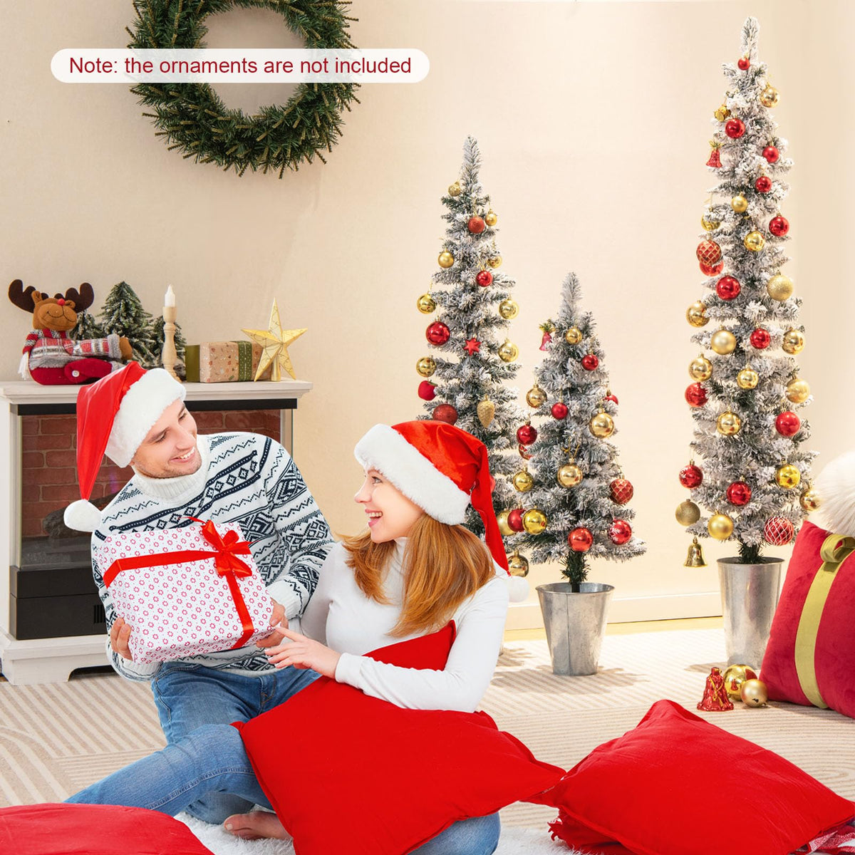 Lucktree Set of 3 Artificial Christmas Tree, 3' 4' 5' Slim Pencil Xmas Tree with Silver Metal Buckets