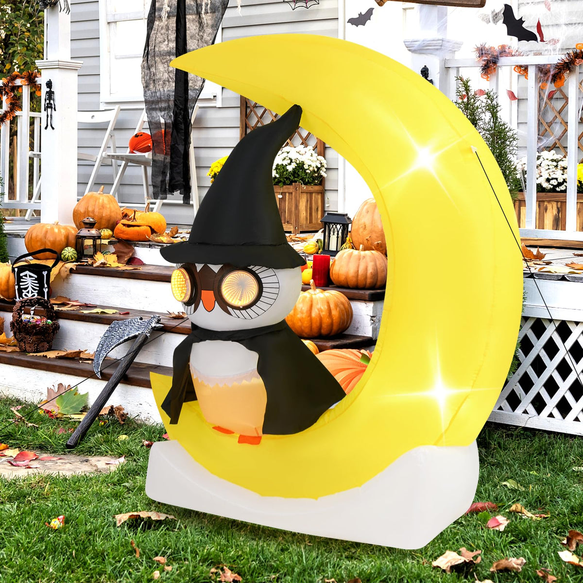 Lucktree 5.1 Ft Halloween Inflatables, Pre-Lit Owl on The Moon with Witch Hat