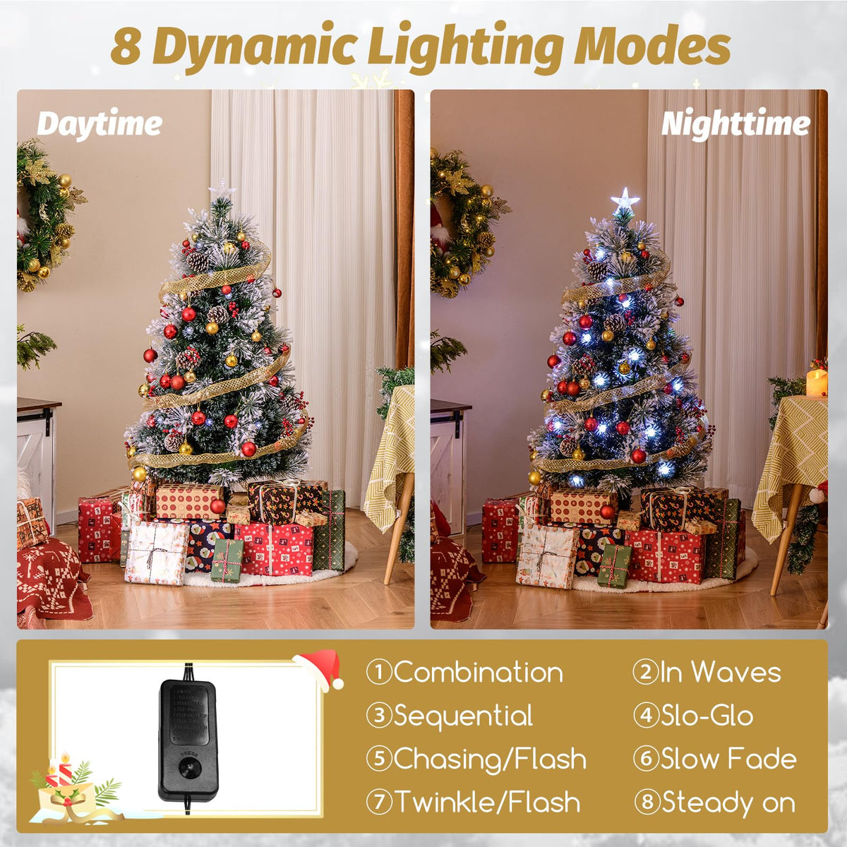 Lucktree Pre-lit Fiber Optic Christmas Tree, Artificial Snowy Xmas Tree with 49 Cool White LED Lights