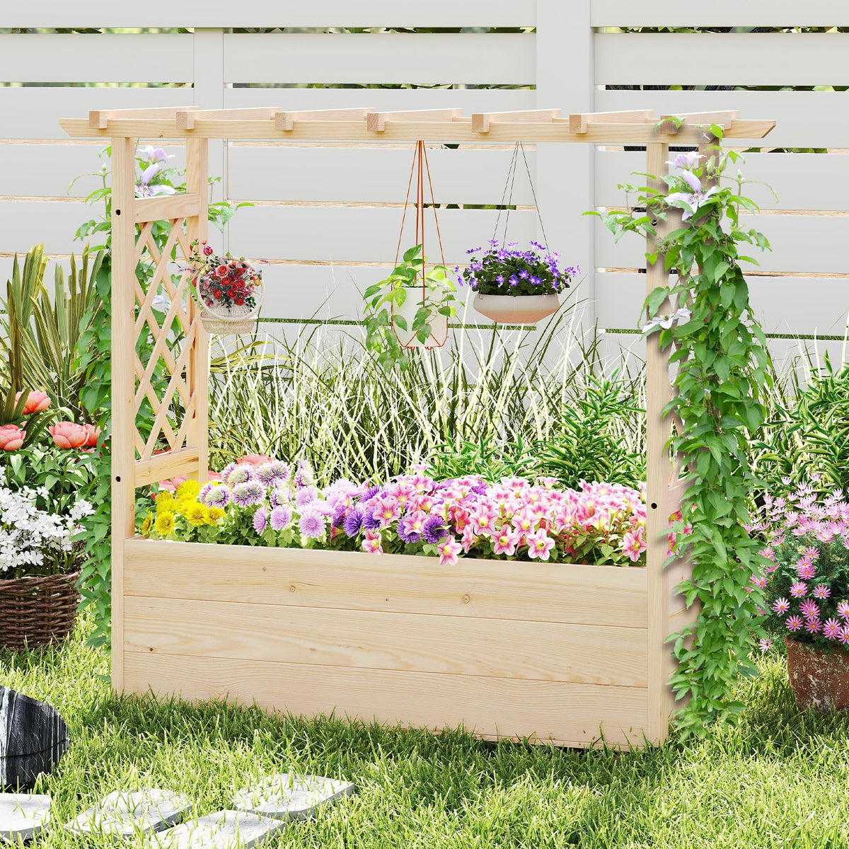 Lucktree Raised Garden Bed with Sided Trellis and Hanging Roof