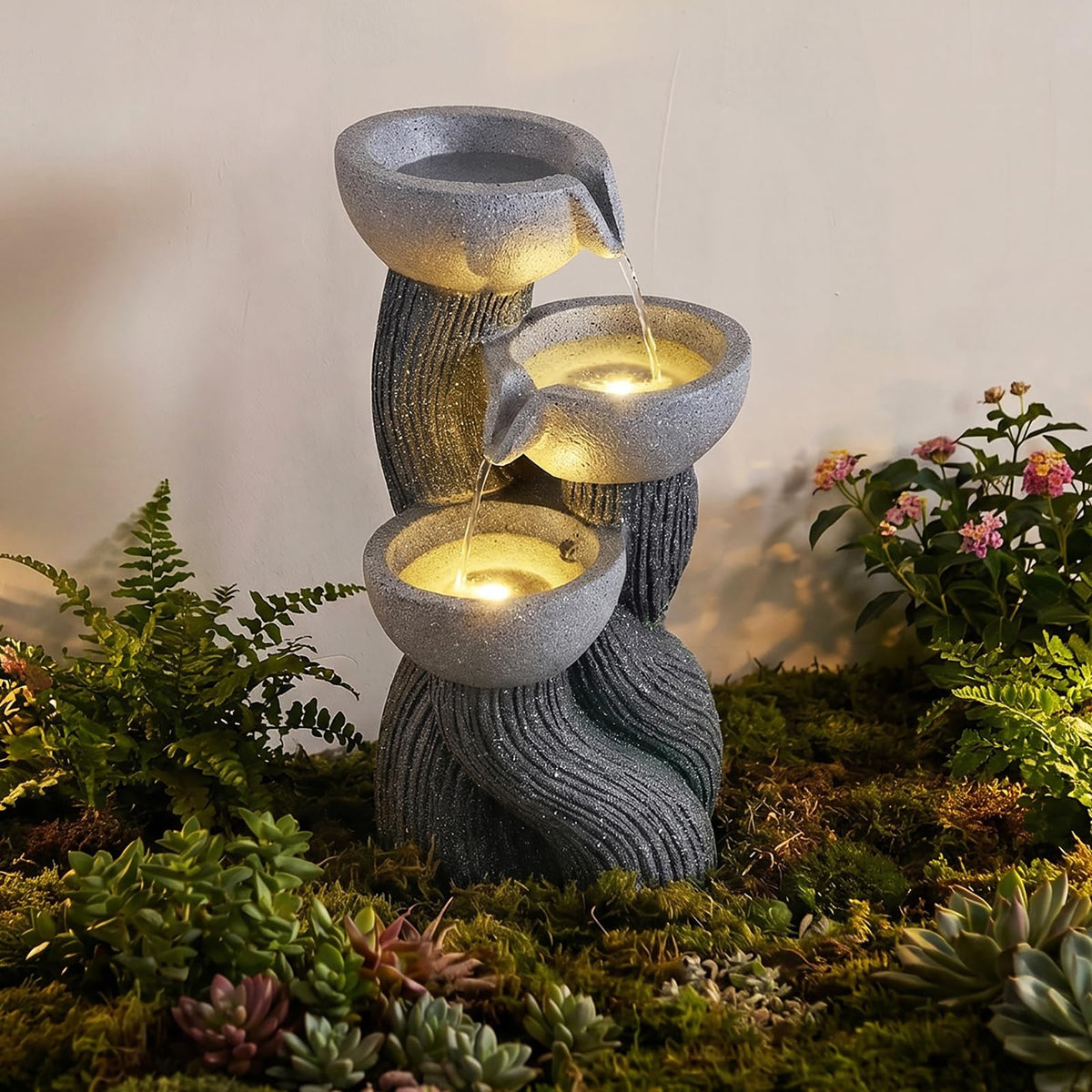 Lucktree 3-Tier Outdoor Water Fountain with Lights