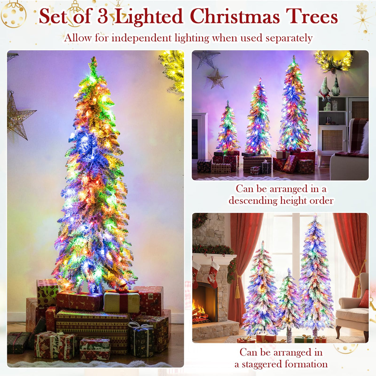 Lucktree 3' 4' 5' Pre-Lit Snow Flocked Christmas Tree Set of 3 with 300 Multicolored LED Lights