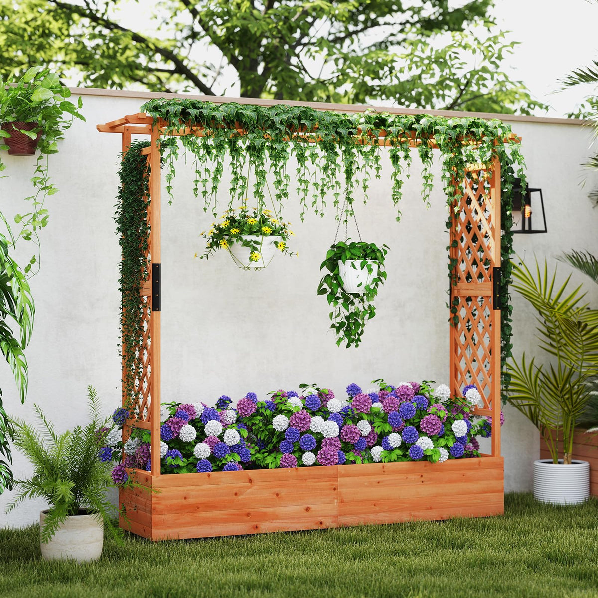 Lucktree Raised Garden Bed with Trellis and Hanging Roof