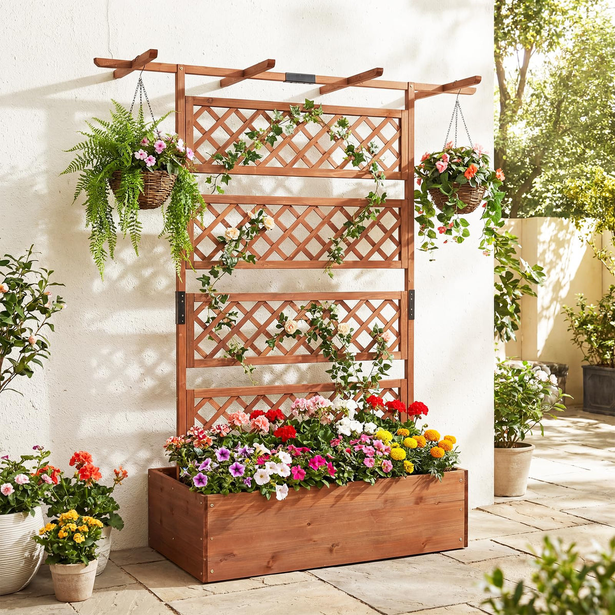 Lucktree 72" Wooden Raised Garden Bed with Trellis w/Privacy Screen Roof