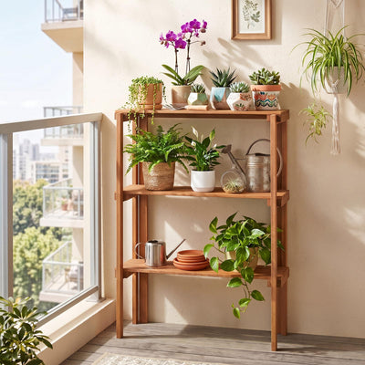 Lucktree 3-Tier Foldable Solid Wood Indoor Outdoor Flower Pot Display Rack