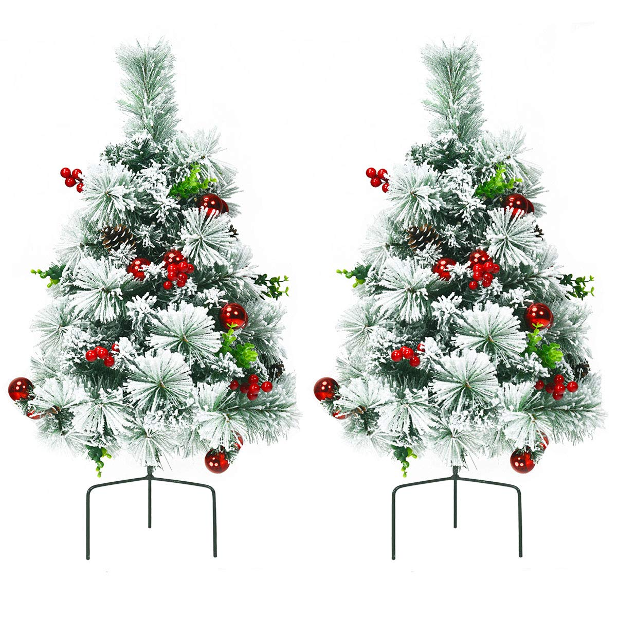 Lucktree 2FT Pathway Christmas Trees Set of 2, Pre-Lit Snow Flocked Xmas Trees with 30 Warm White LED Lights - LucktreeUS