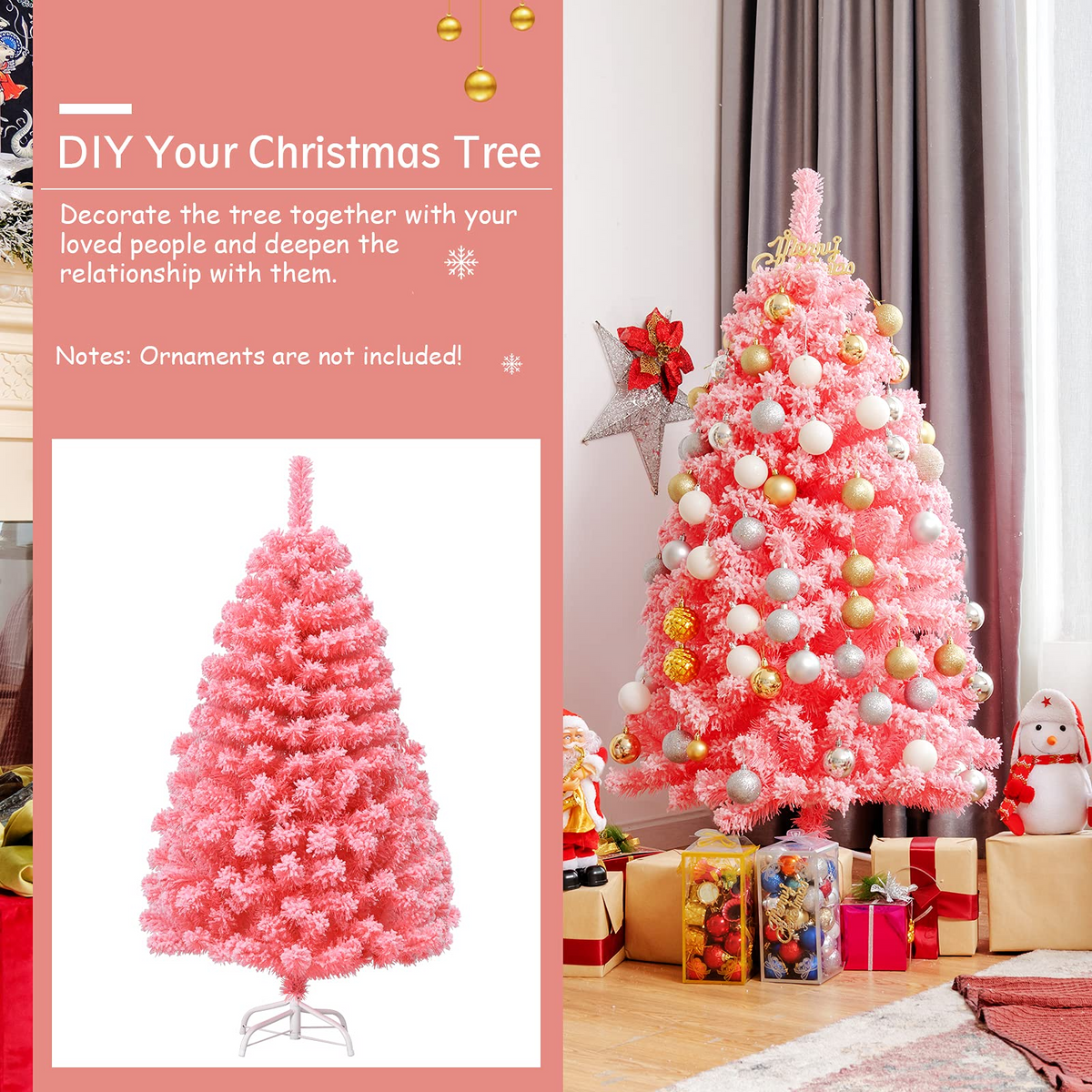 Lucktree 4.5ft Pink Artificial Christmas Tree, Unlit Hinged Snow Flocked Xmas Tree w/ 348 PVC Branch Tips & Metal Stand - LucktreeUS