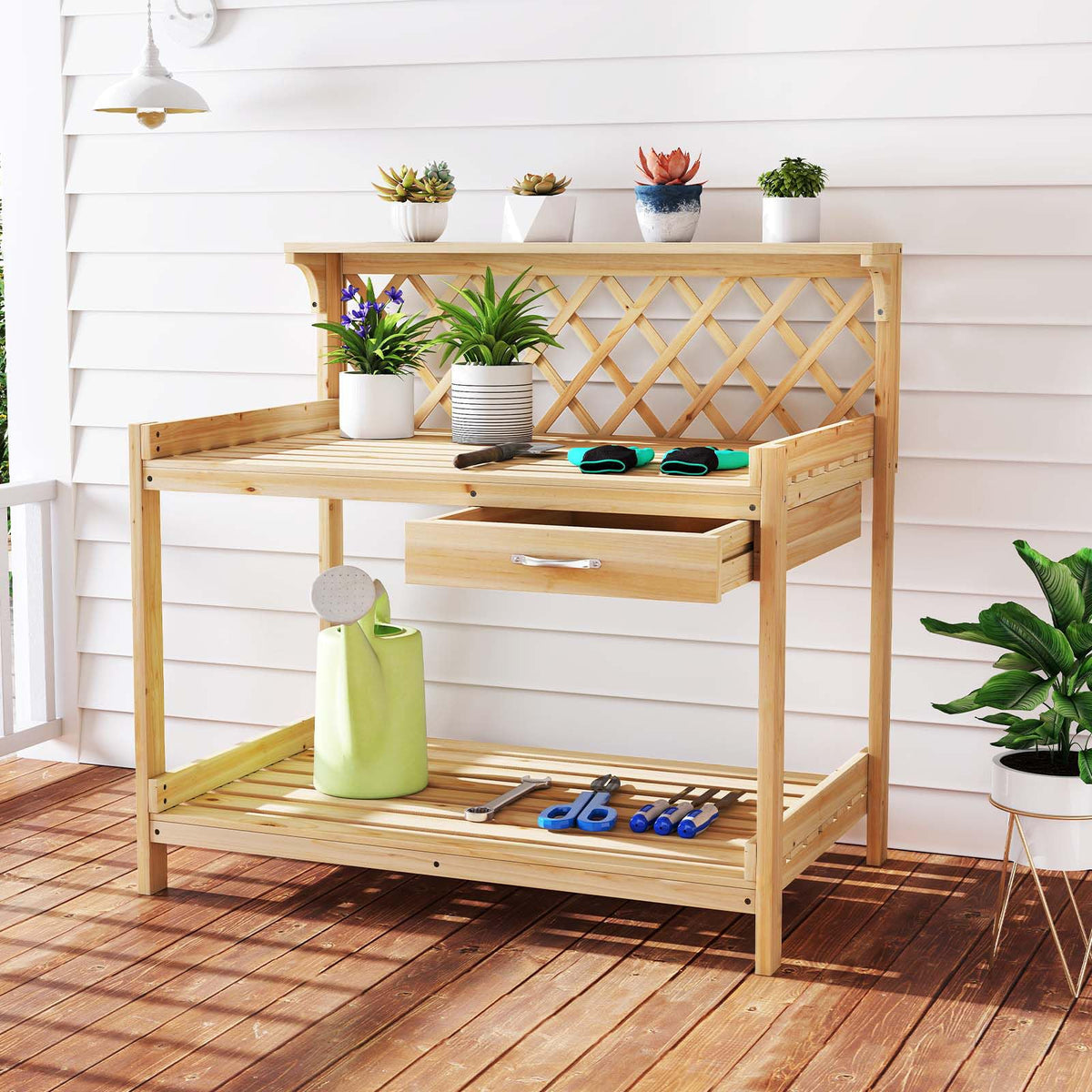 Lucktree Wood Potting Table with 3 Tier Shelves
