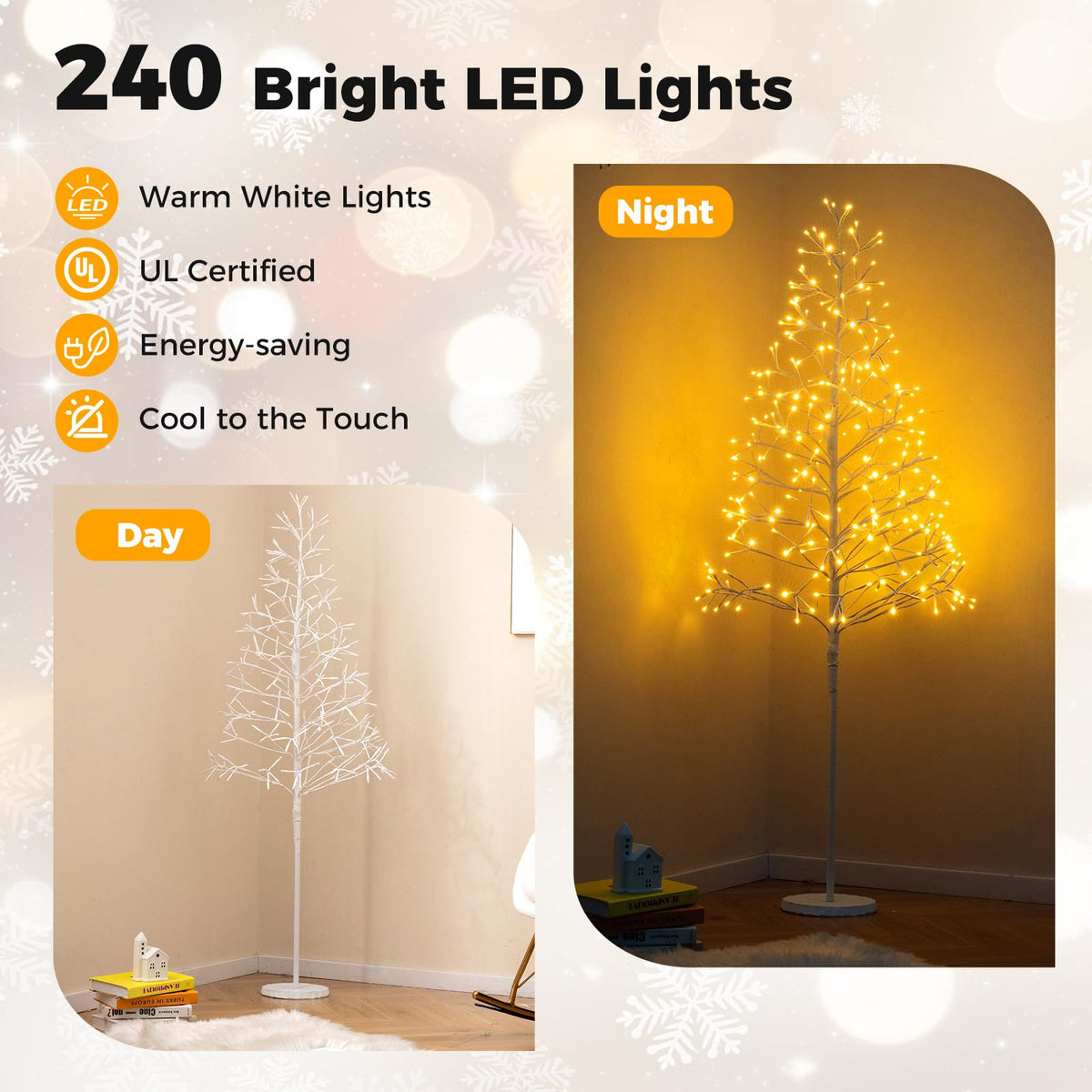 Lucktree LED Birch Tree, 5/6/7 FT Pre-lit Twig Tree with Warm White Light LED Lights, Weighted Base