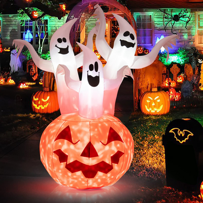 Lucktree 6 FT Inflatable Halloween 3 White Ghosts with Pumpkin, Blow-up Yard Decoration with Built-in LED Lights & Rotating Lamp