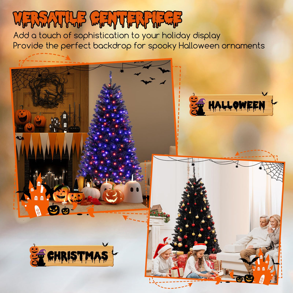 Lucktree 6/7/8 FT Pre-Lit Black Halloween Tree, Artificial Hinged Christmas Tree with 280/380/500 Orange & Purple LED Lights