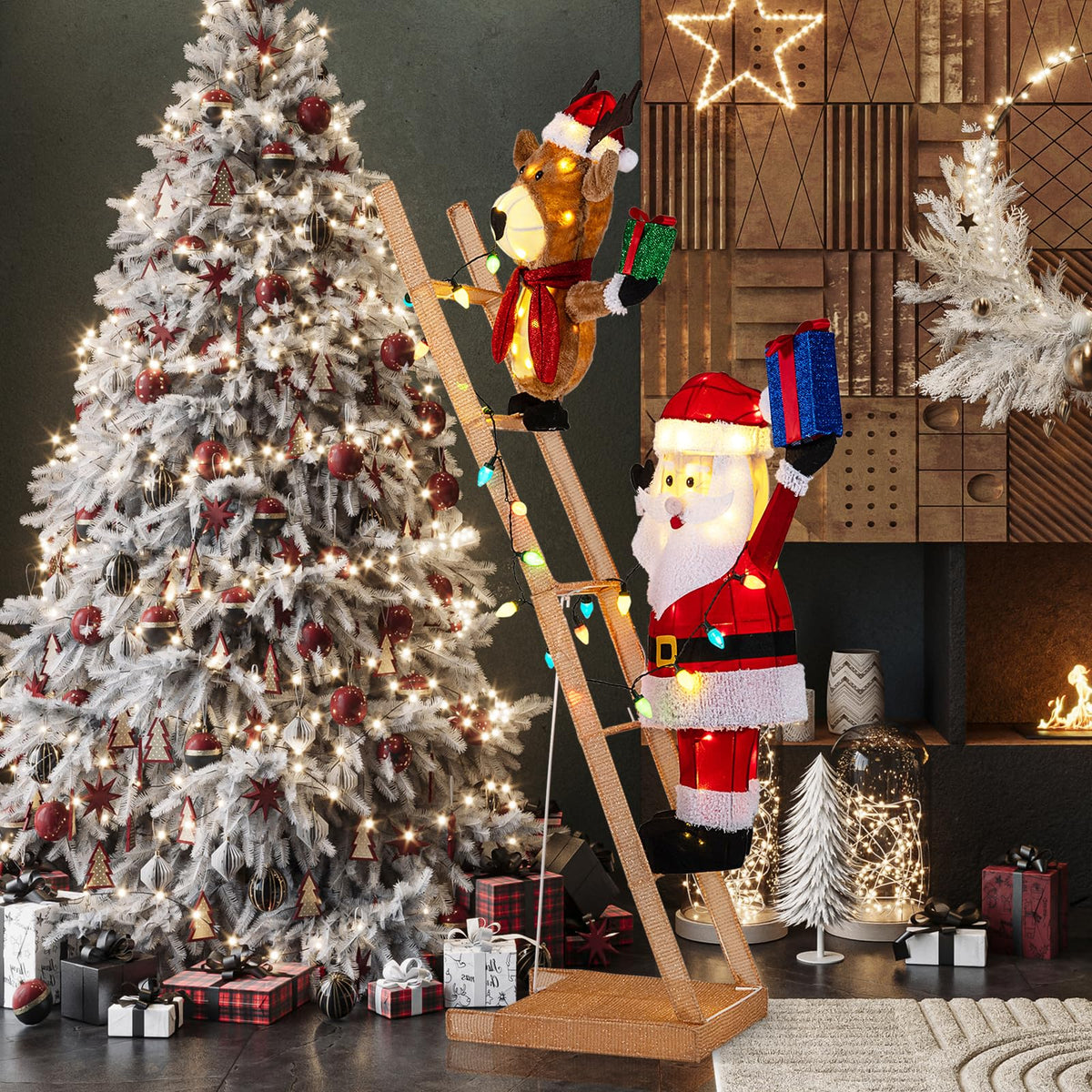 Lucktree 5.5 FT Lighted Reindeer & Santa Claus on Ladder