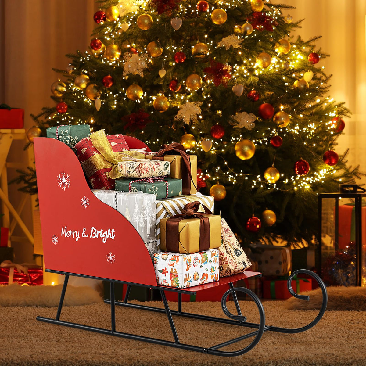 Lucktree Metal Christmas Santa Sleigh Basket Xmas Santas Gift Storage Sleigh