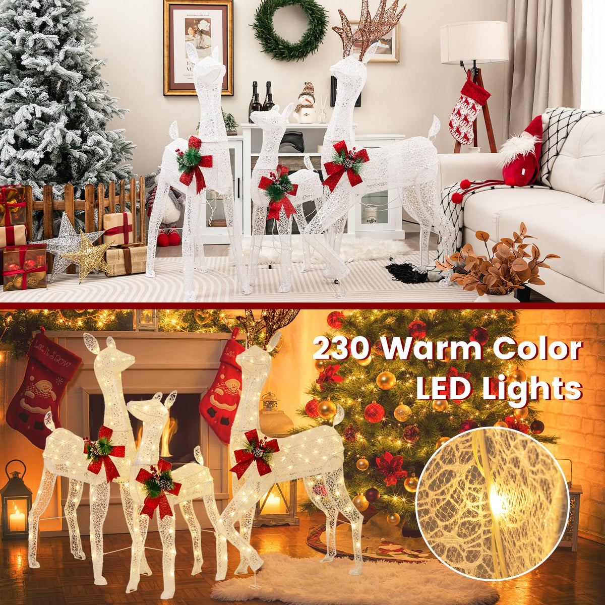 Lucktree 3 Pieces Lighted Christmas Reindeer Family, Xmas Lighted Deer Decoration with 230 Warm White LED Lights