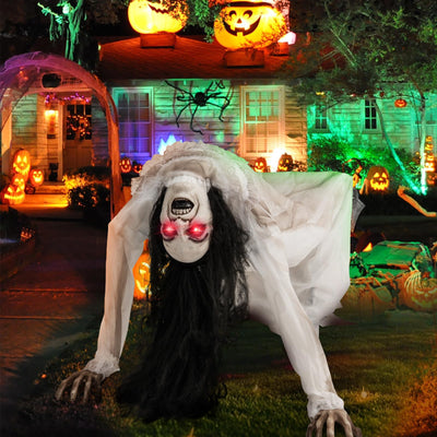 Lucktree Halloween Animated Crawling Woman with LED Eyes, Animatronic Zombie Woman Crawler with Vocally Triggered Sound & Motion Effects