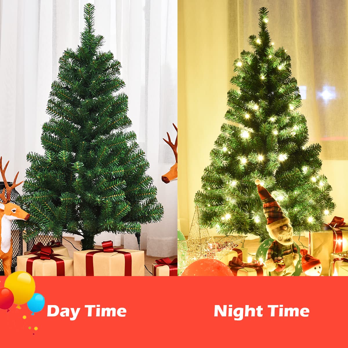 4ft Pre-Lit Christmas Tree, Artificial PVC Xmas Tree with 100 Warm White LED Lights and Stable Triangular Stand - LucktreeUS